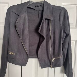 SHEIN Dark Gray Leather Jacket with Gold Zippers